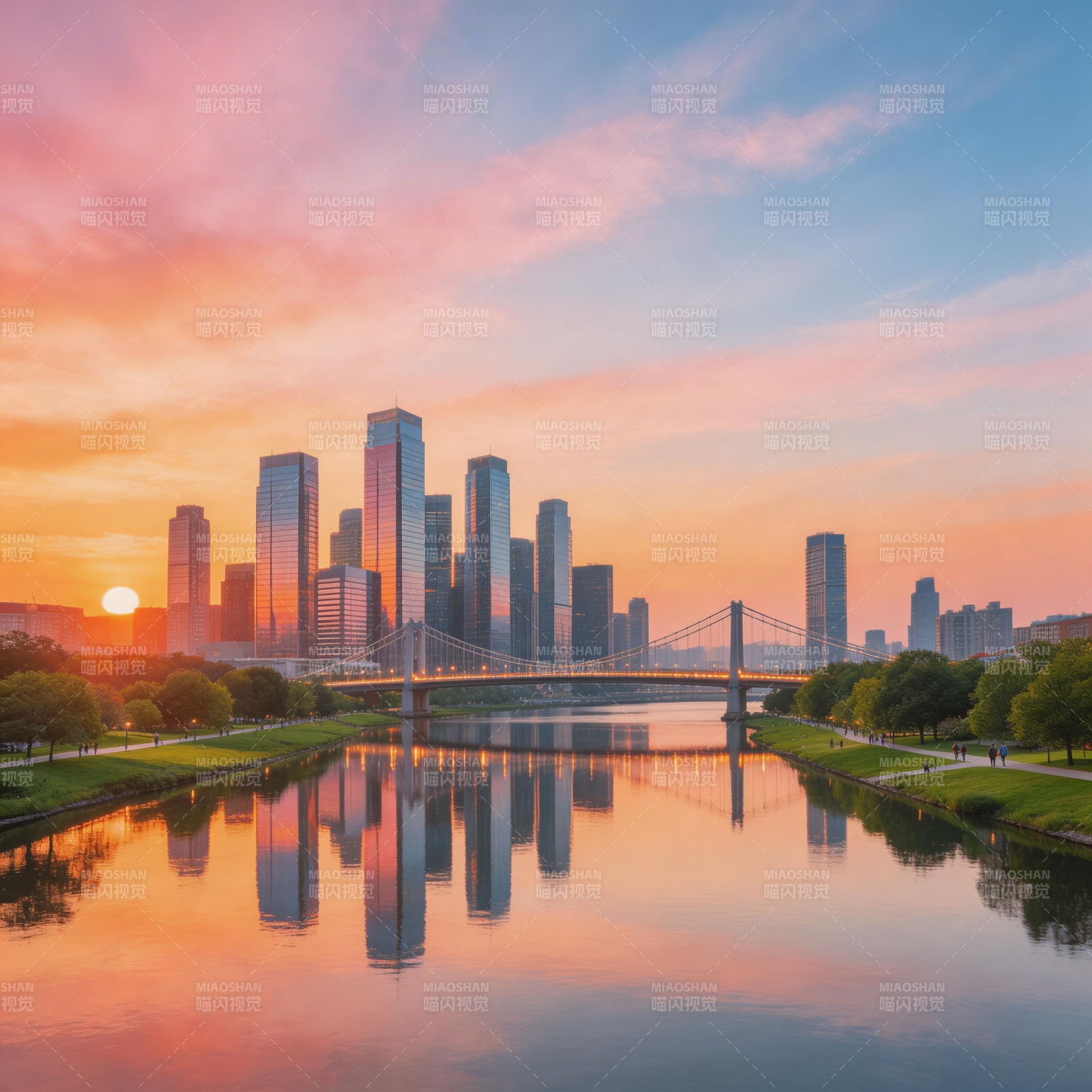 夕阳映城 桥影入画图片