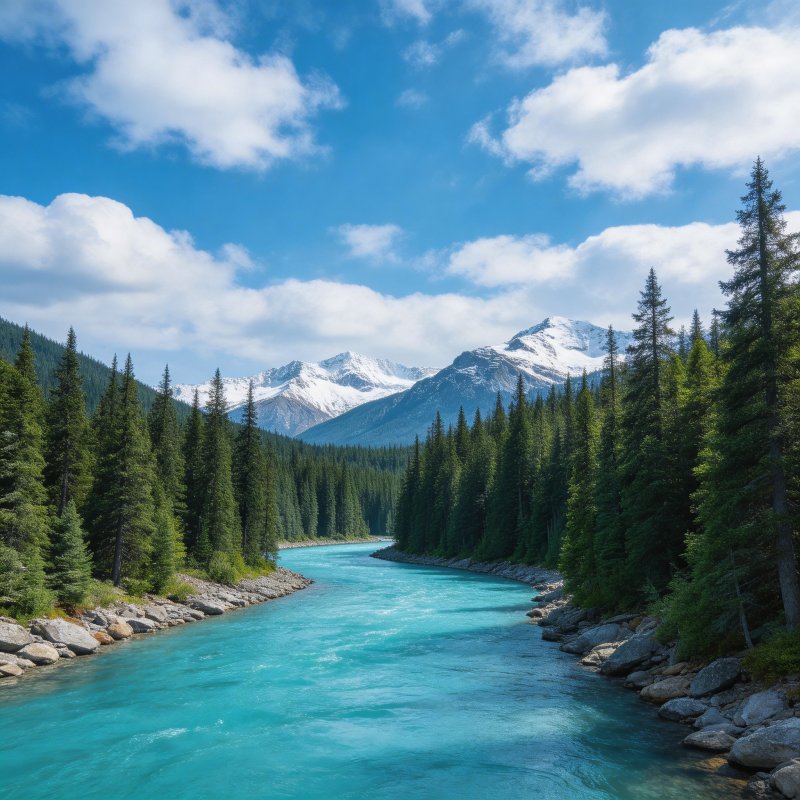 雪山碧河松林间图片