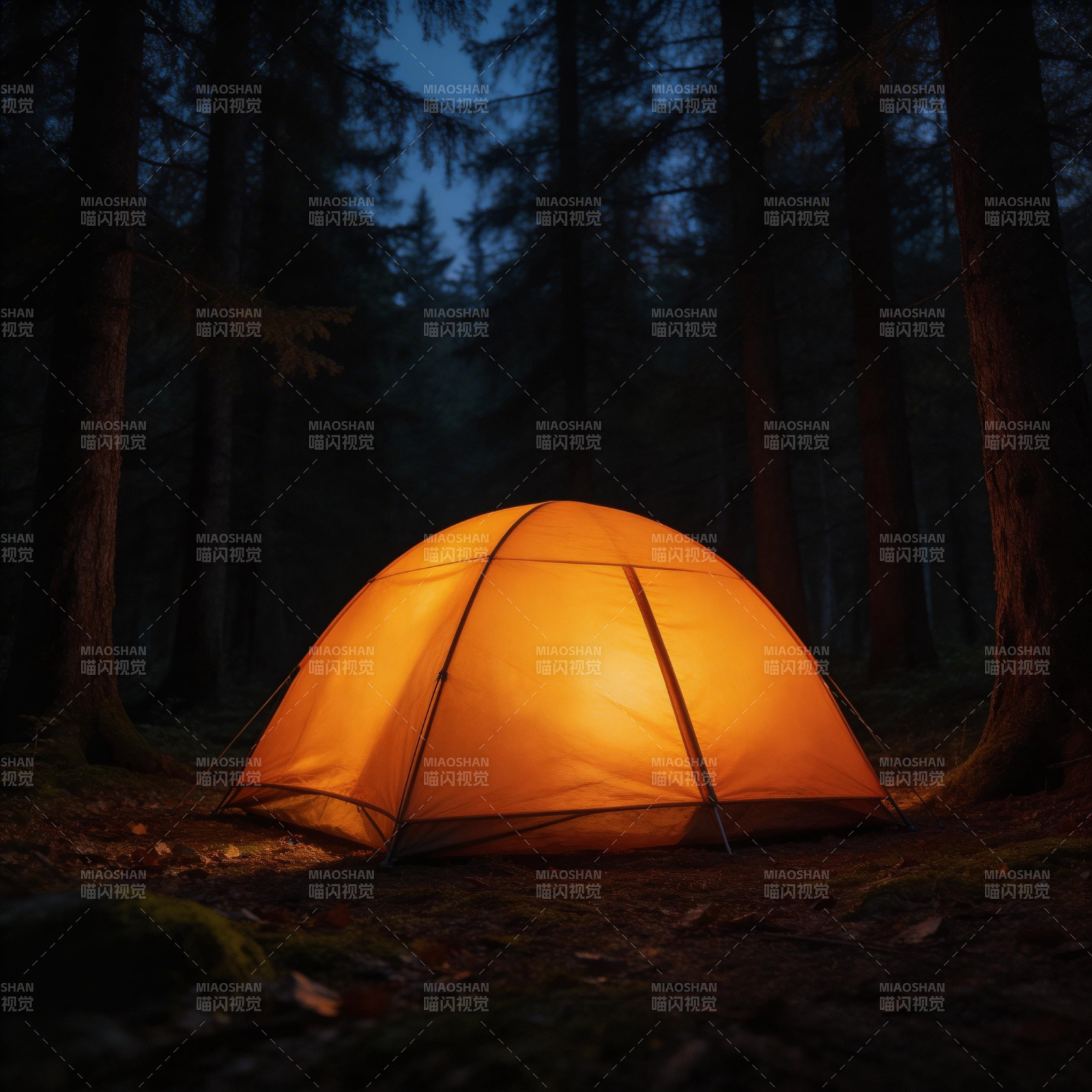 林间暖光帐篷夜图片