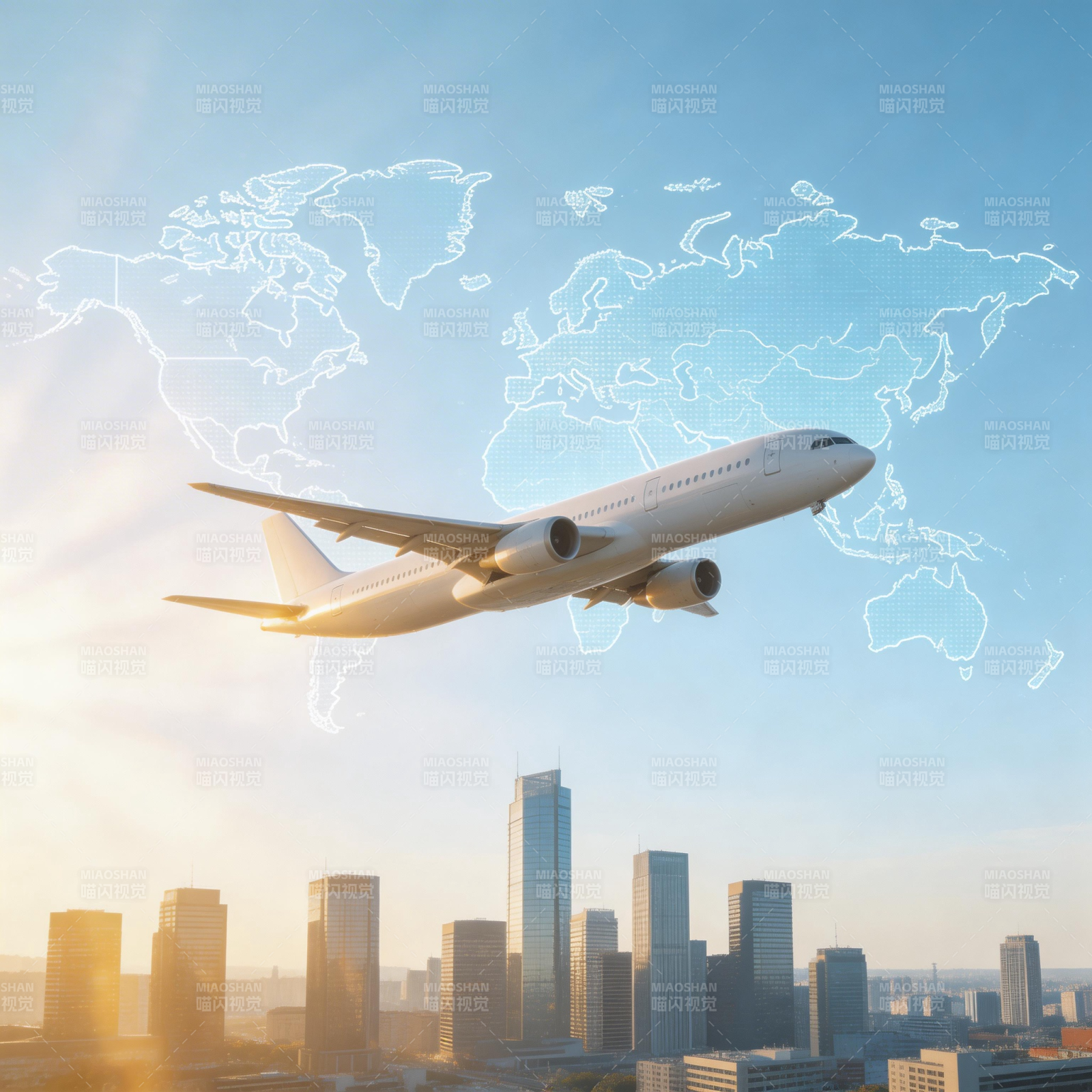 飞机飞越城市与世界地图图片