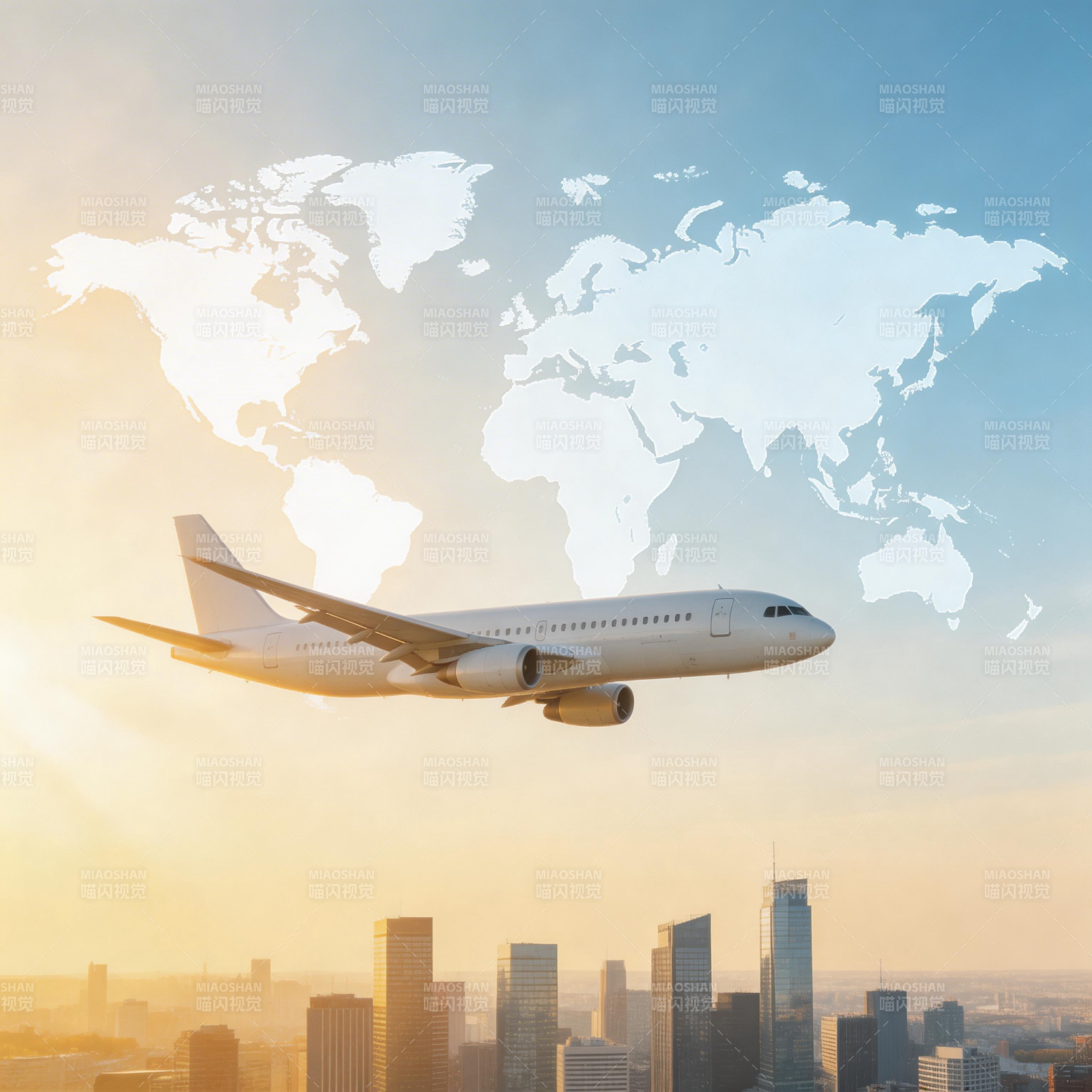 飞机飞越城市 世界地图背景图片