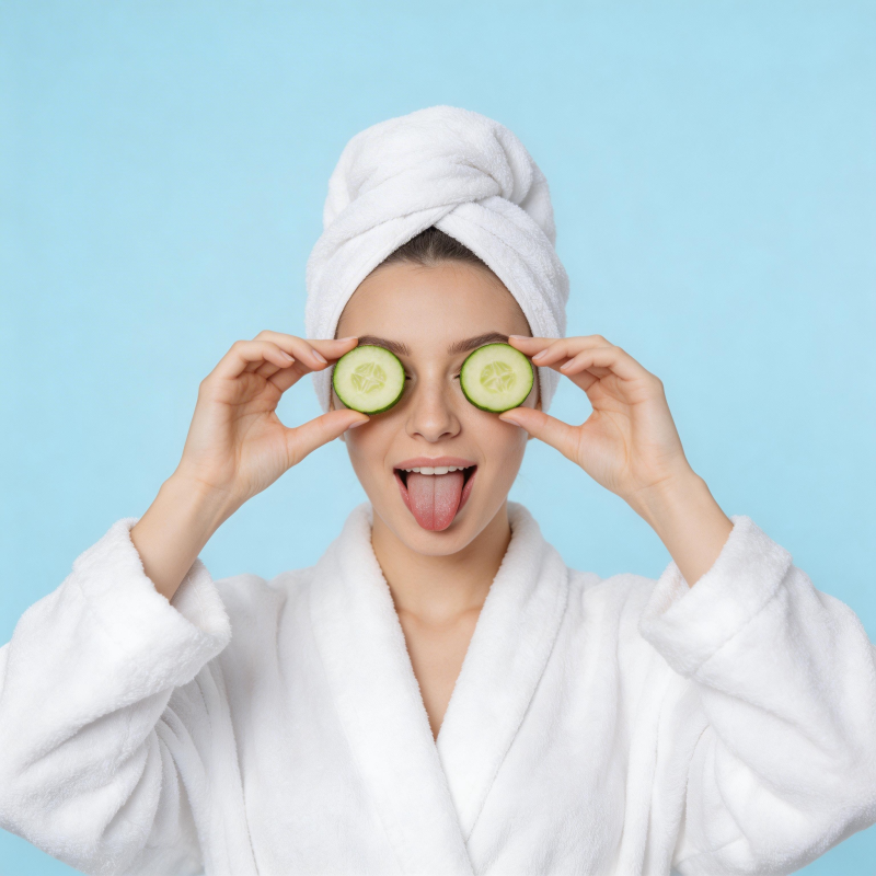 黄瓜片敷眼 吐舌搞怪萌图片