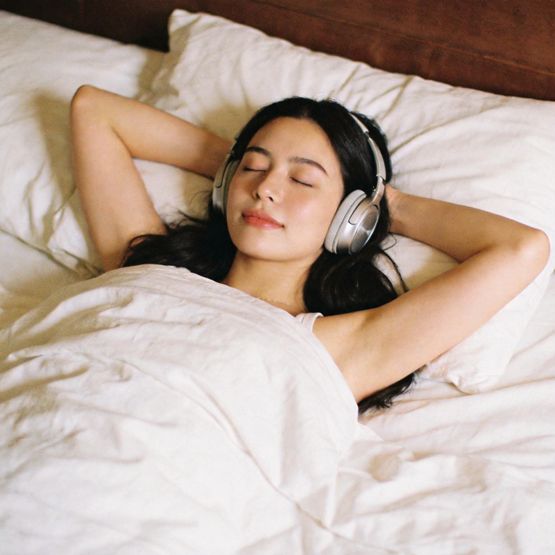 戴耳机安睡的女子图片