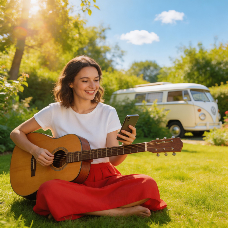 草地弹吉他 看手机微笑图片