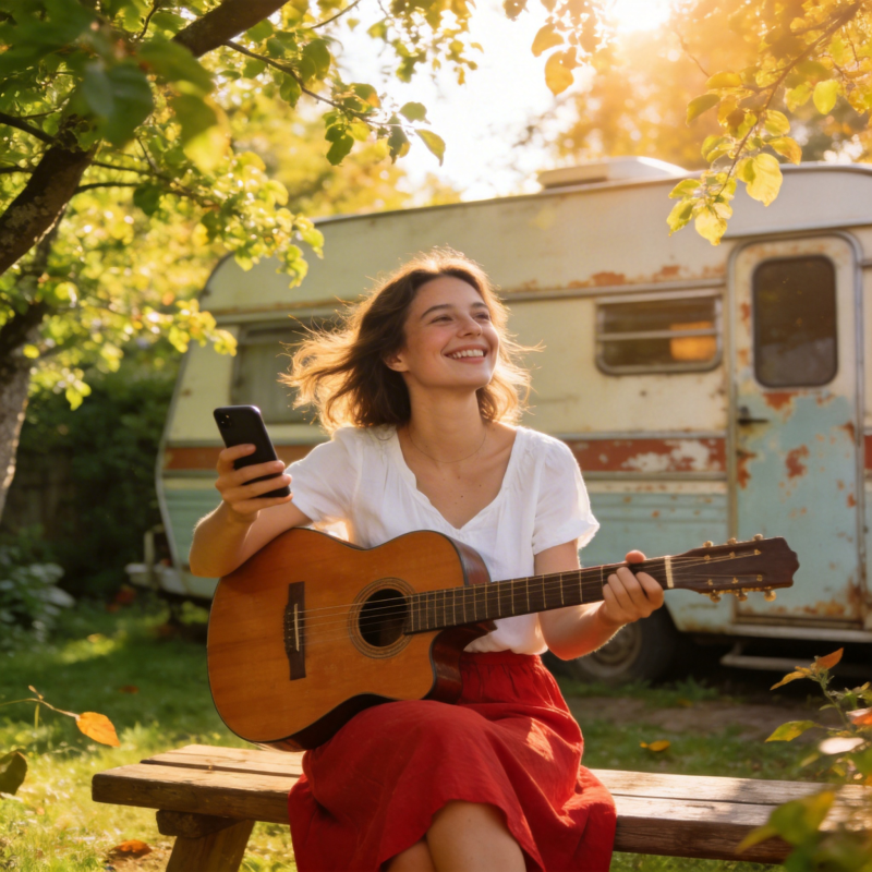 阳光吉他少女与旧房车图片
