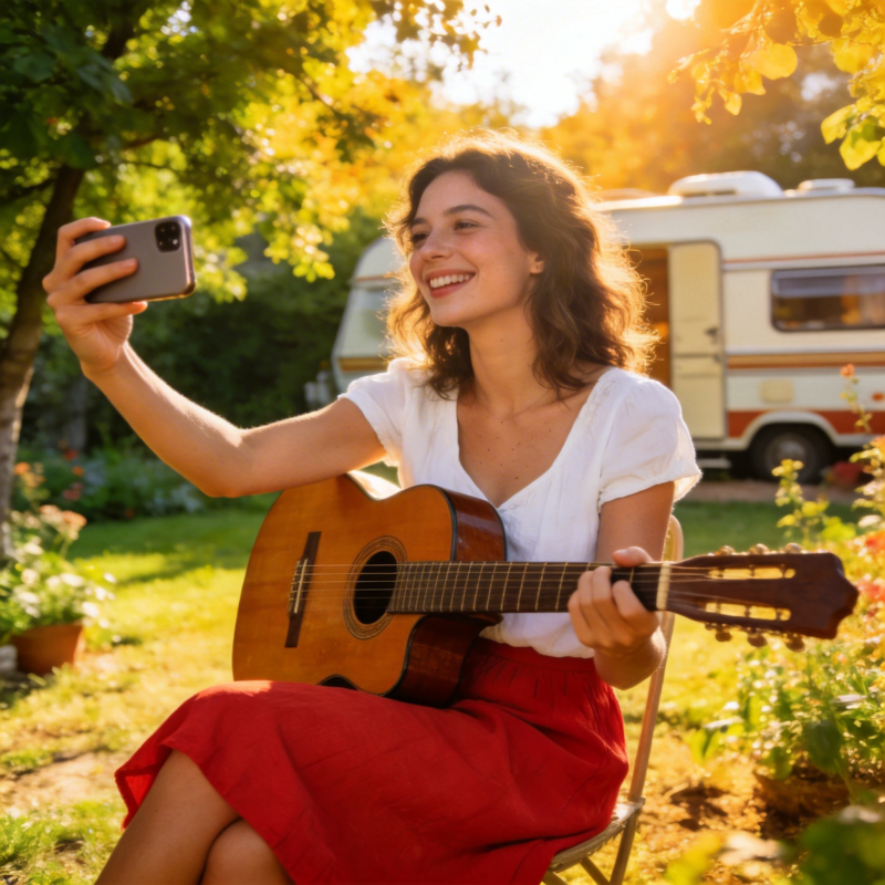 秋日吉他自拍 房车旁微笑图片