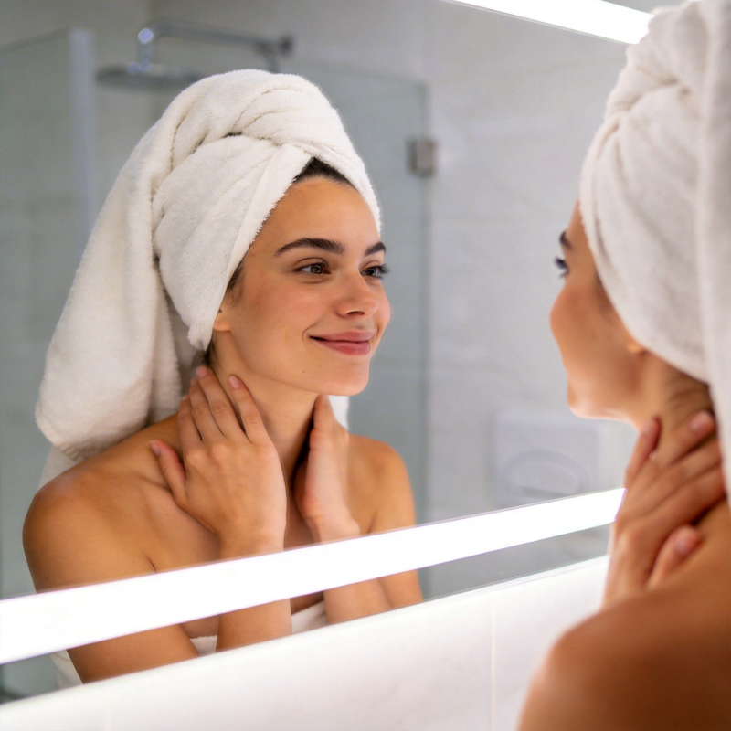 浴后镜前 温柔抚颈微笑图片