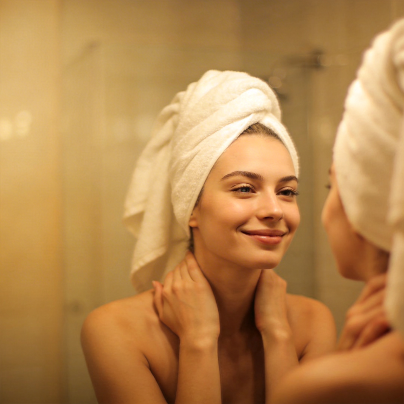 浴后微笑 毛巾包头自赏图片