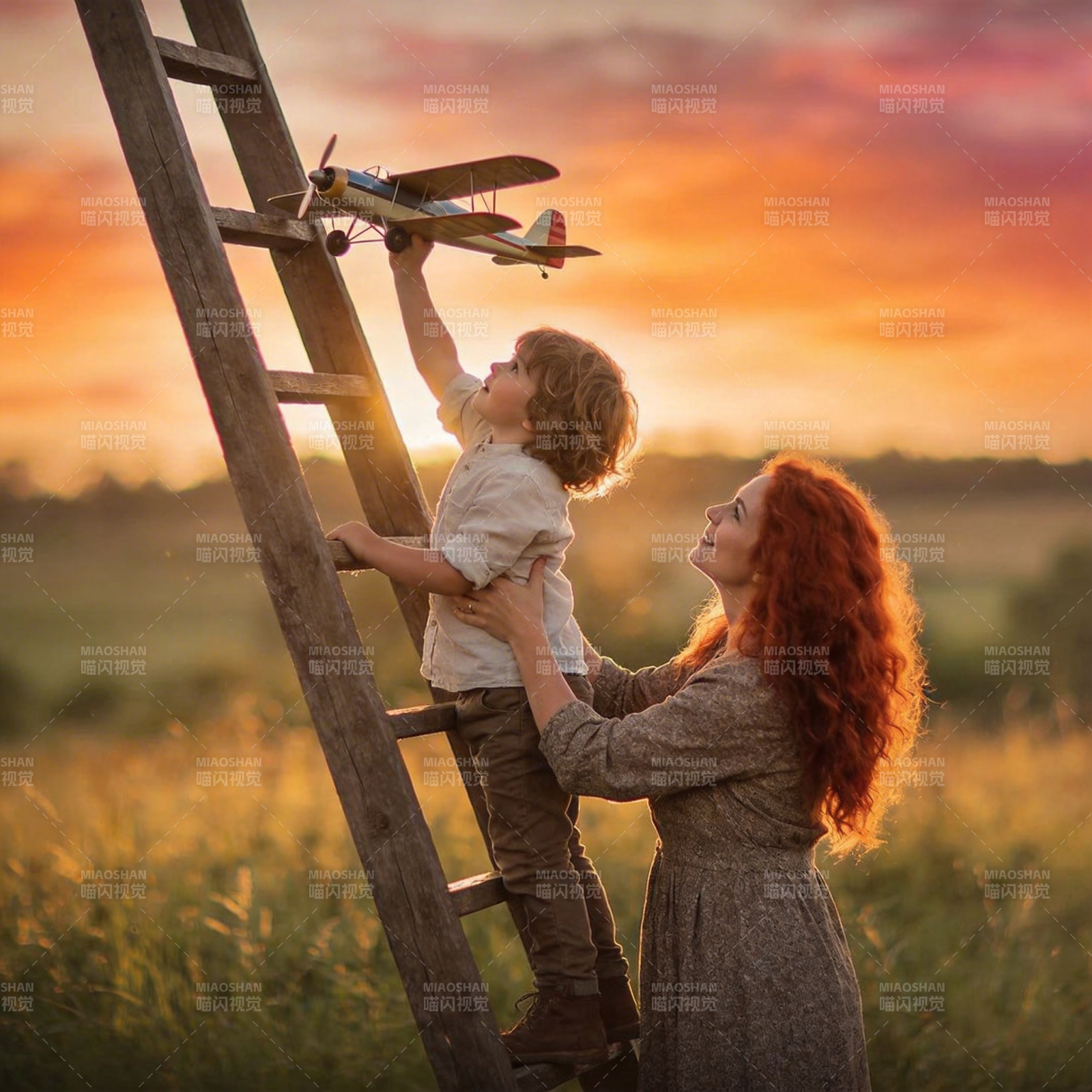 夕阳下 母子共逐飞机梦图片
