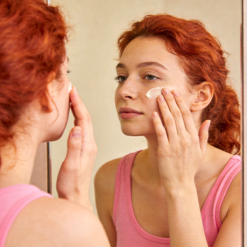 红发女子镜前护肤图片