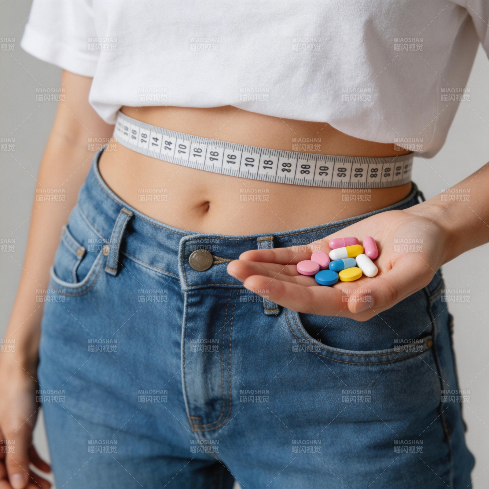 腰围测量与药丸手持特写图片