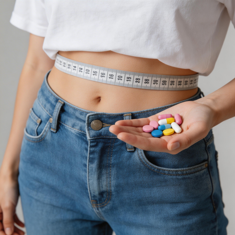 腰围测量与药丸手持特写图片