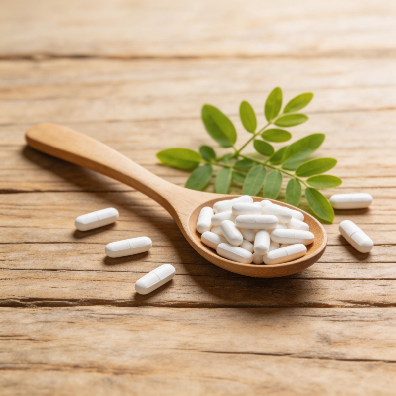 木勺盛药丸 绿叶伴天然图片