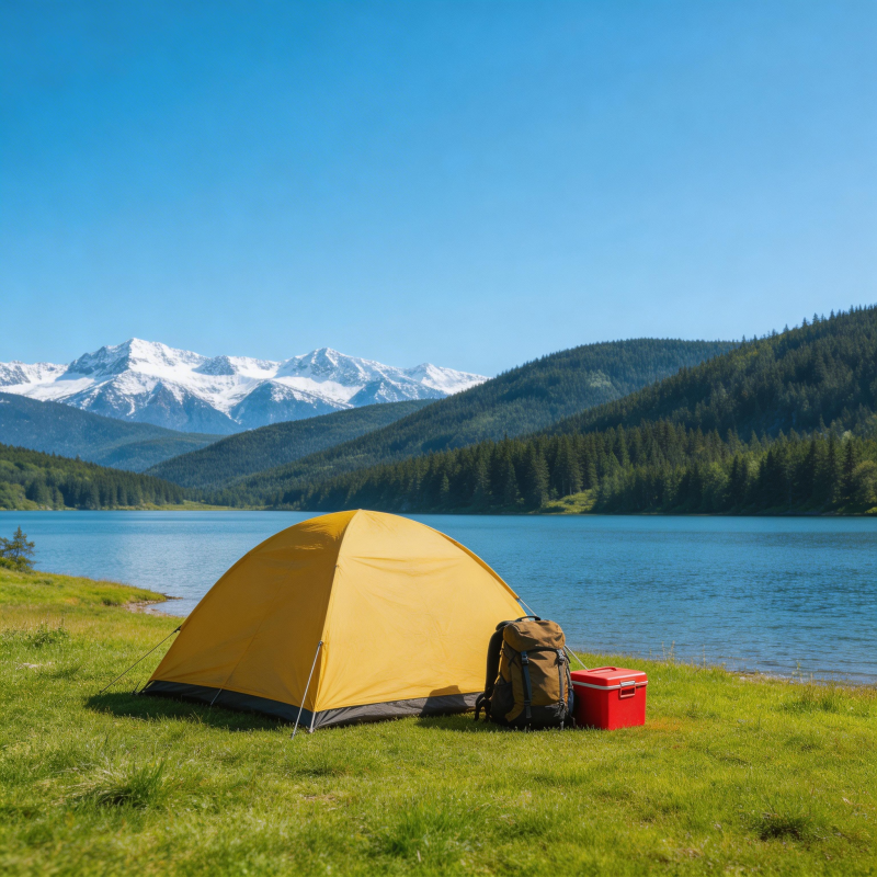 湖畔雪山下的黄色帐篷露营图片