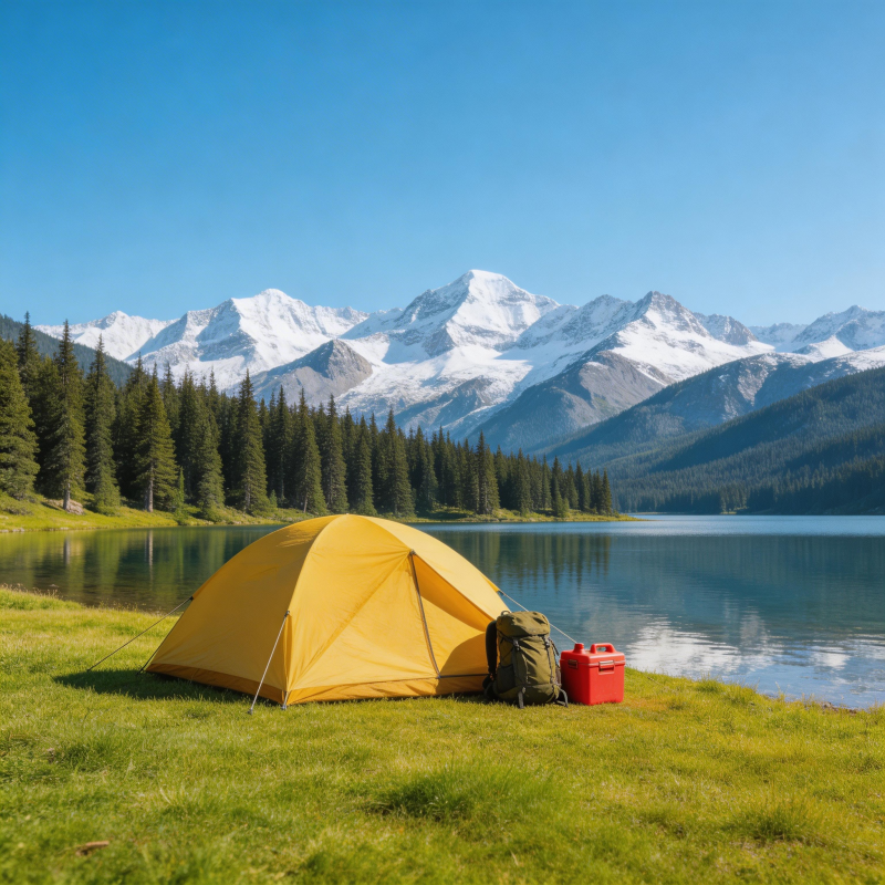 雪山湖畔黄帐篷露营图片