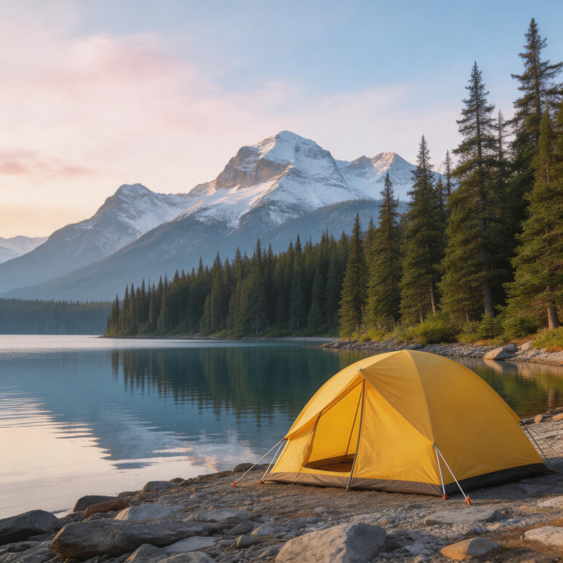 湖畔黄帐 雪山松影伴晨光图片