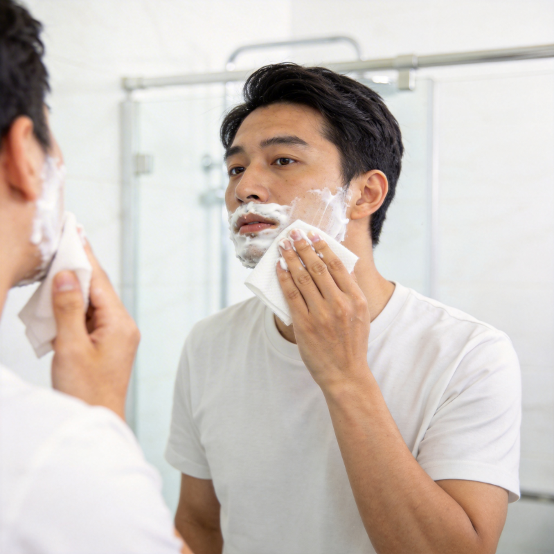 男子镜前剃须 泡沫满面图片