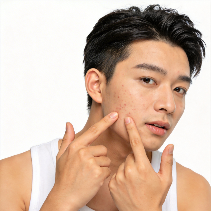 青年男子指脸颊痘痘图片