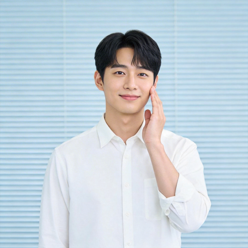 白衣青年微笑轻抚脸颊图片