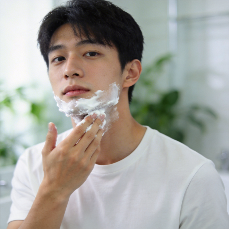 男生涂剃须泡沫准备刮胡子图片