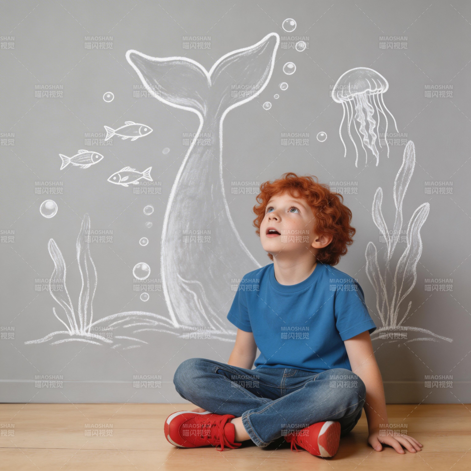 红发男孩仰望海底幻想墙图片