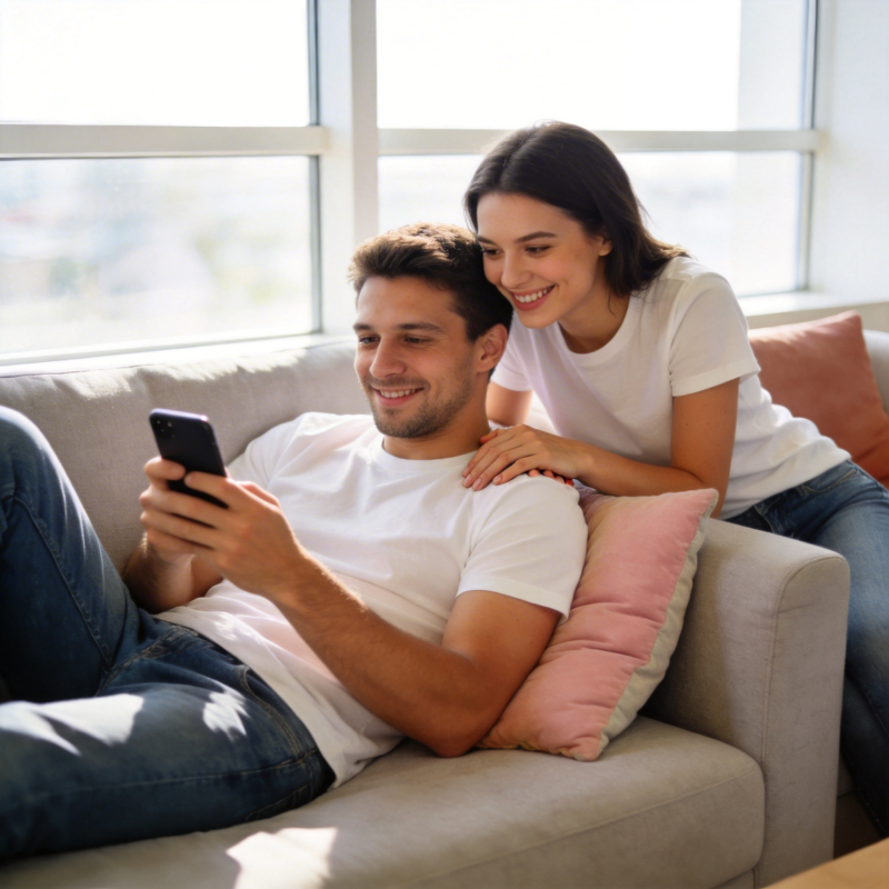 情侣沙发看手机笑盈盈图片