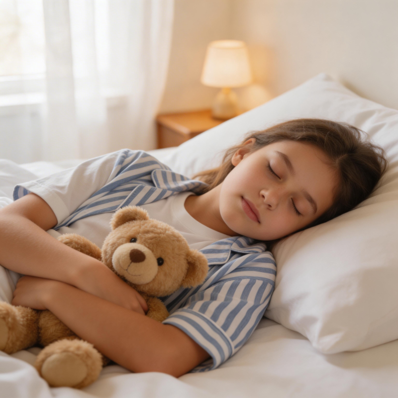 小女孩抱熊入睡 温馨宁静图片