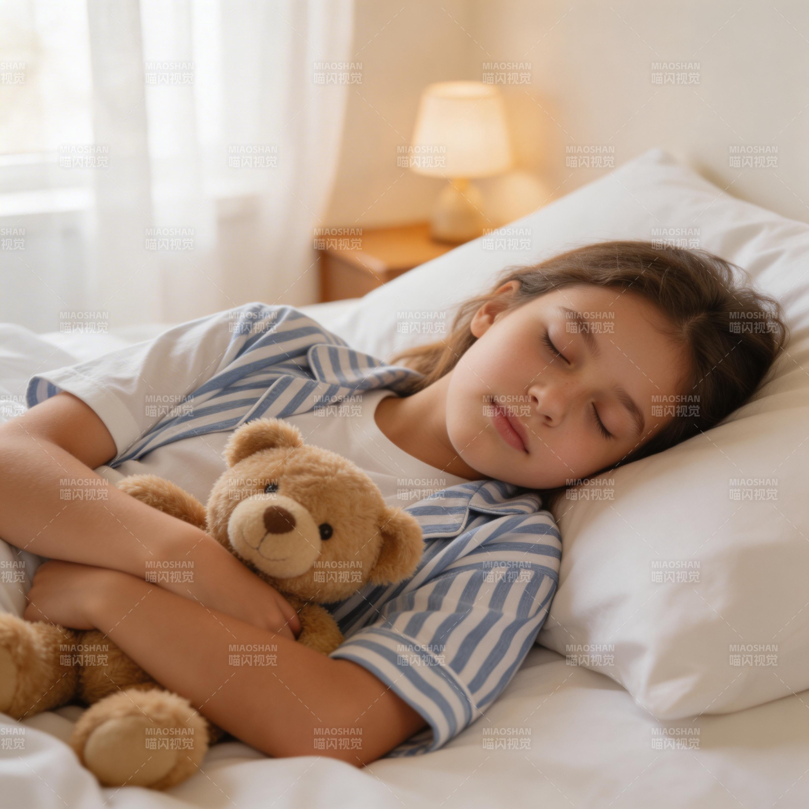 小女孩抱熊入睡 温馨宁静图片