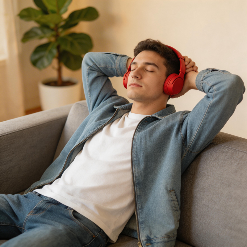 戴红耳机躺沙发听歌放松图片