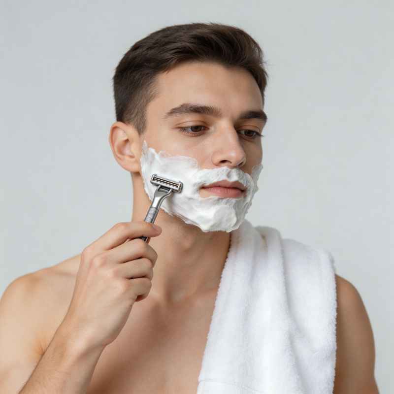 男士剃须 泡沫满面专注中图片