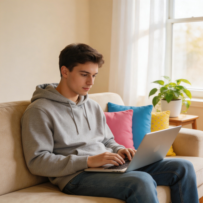 少年沙发用笔记本学习图片