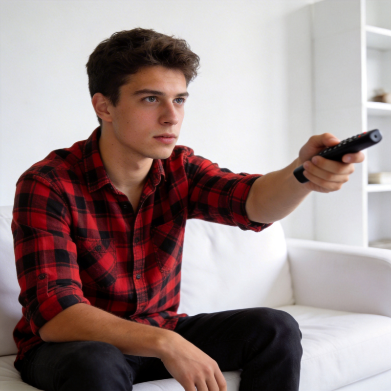 青年持遥控器坐沙发看电视图片