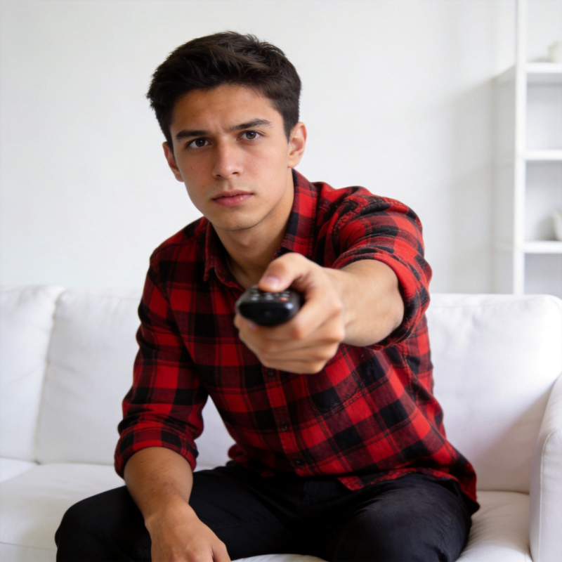 红格子少年握遥控器凝视镜头图片