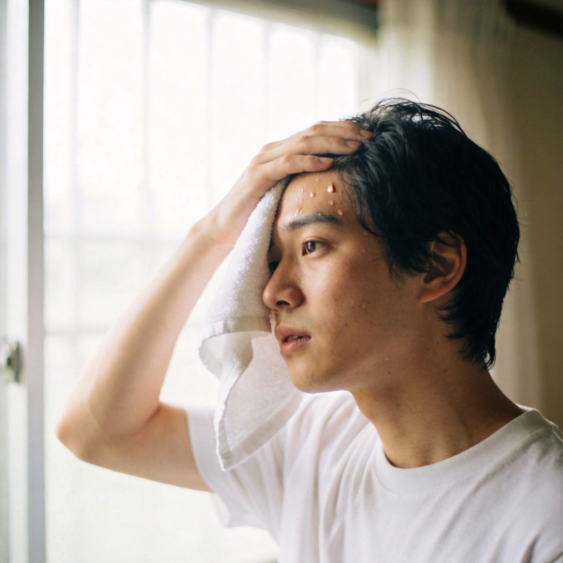 汗湿额头 毛巾轻拭侧脸图片