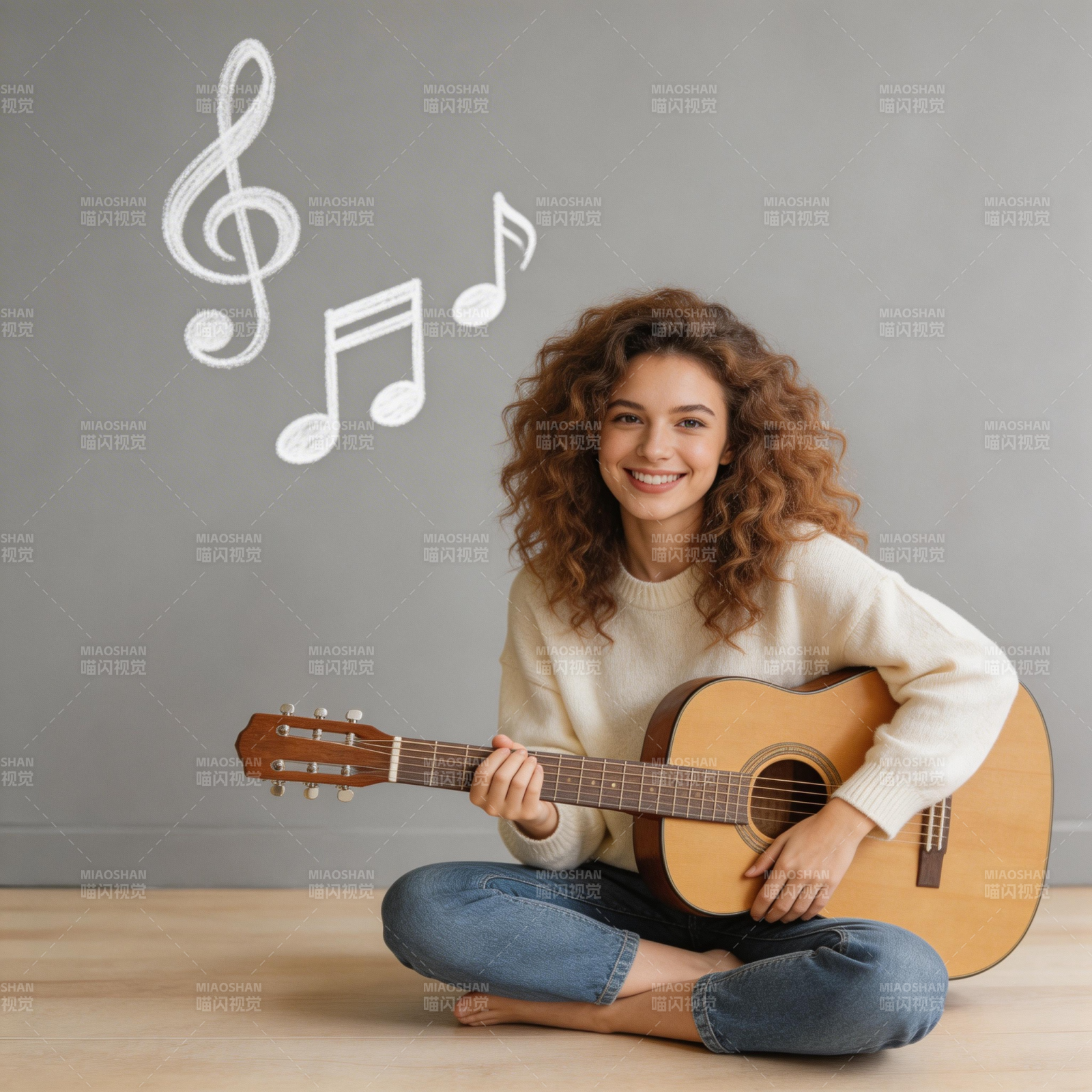 吉他少女 音符飞舞图片