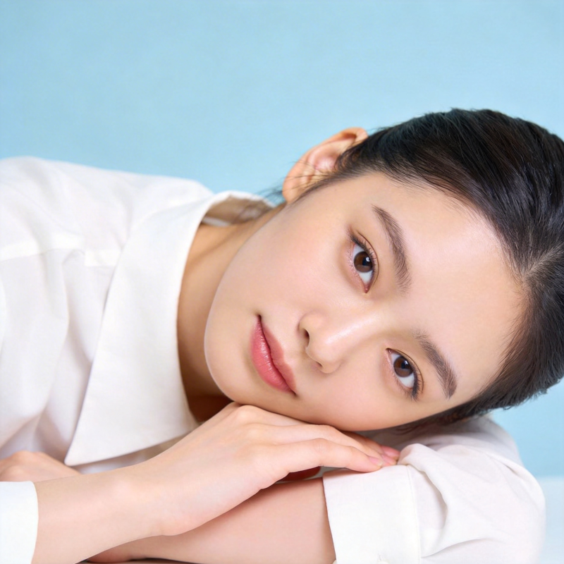 白衣少女托腮凝望蓝背景图片