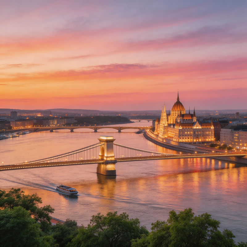 布达佩斯黄昏多瑙河景图片