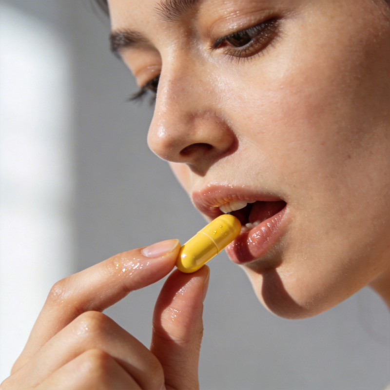 女子服药特写 黄胶囊入口图片