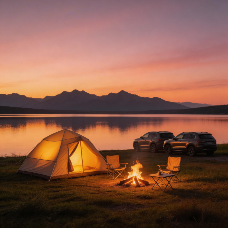 湖畔露营 篝火映晚霞图片