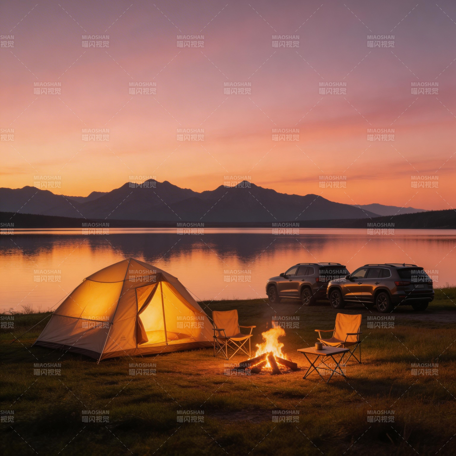 湖畔露营 篝火映晚霞图片