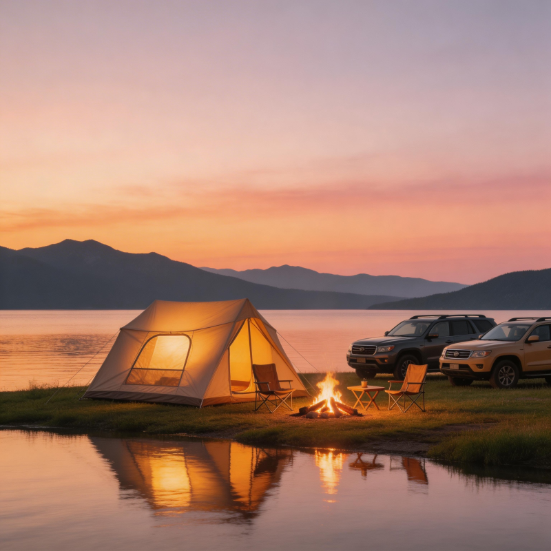 湖畔露营 夕阳篝火伴车眠图片