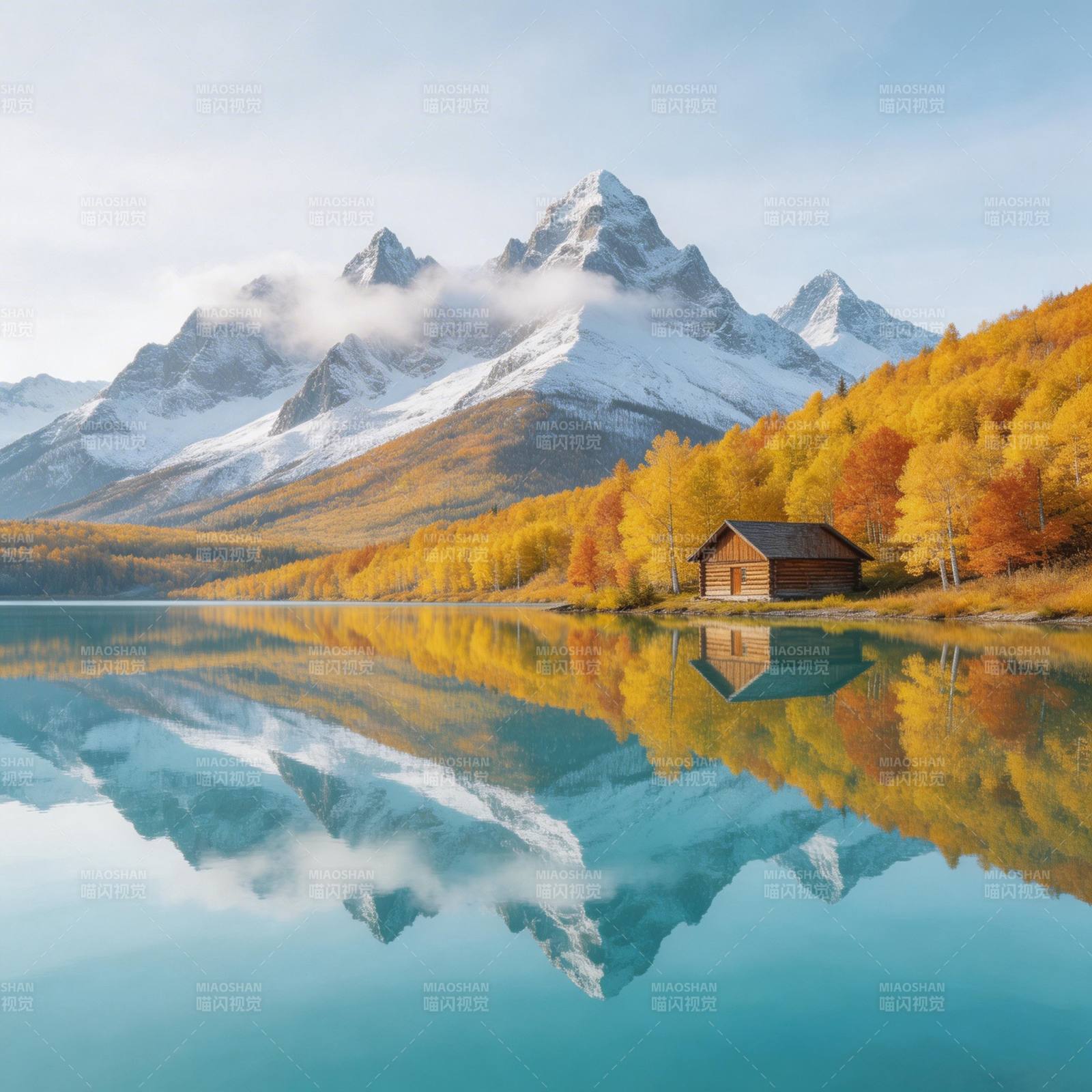 秋湖映雪山 木屋静如画图片