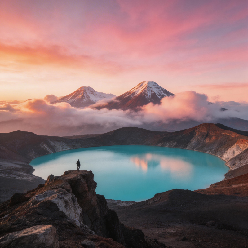 火山湖日落 孤影望雪山图片