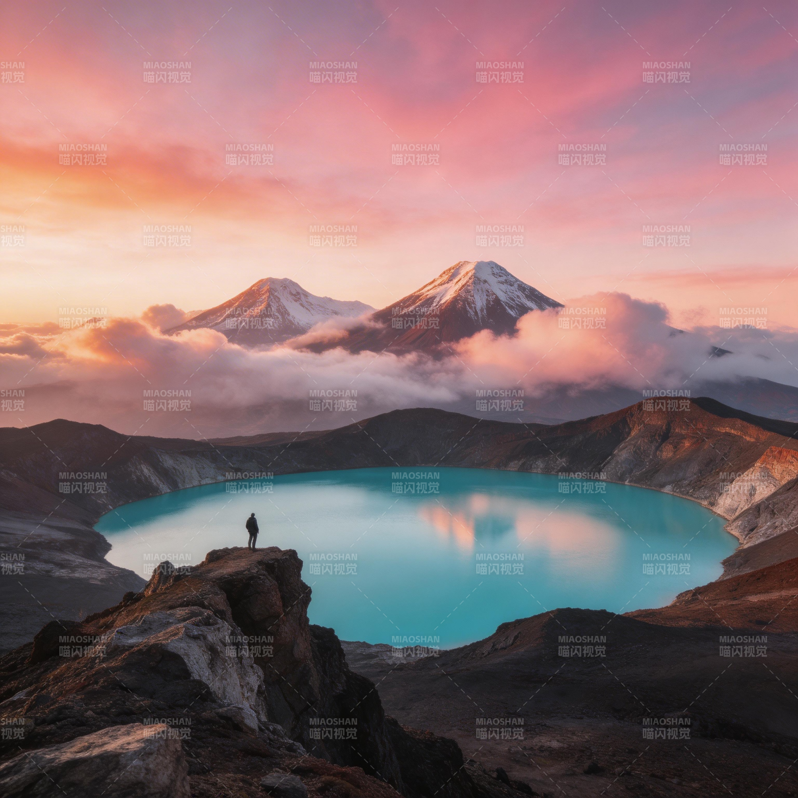 火山湖日落 孤影望雪山图片