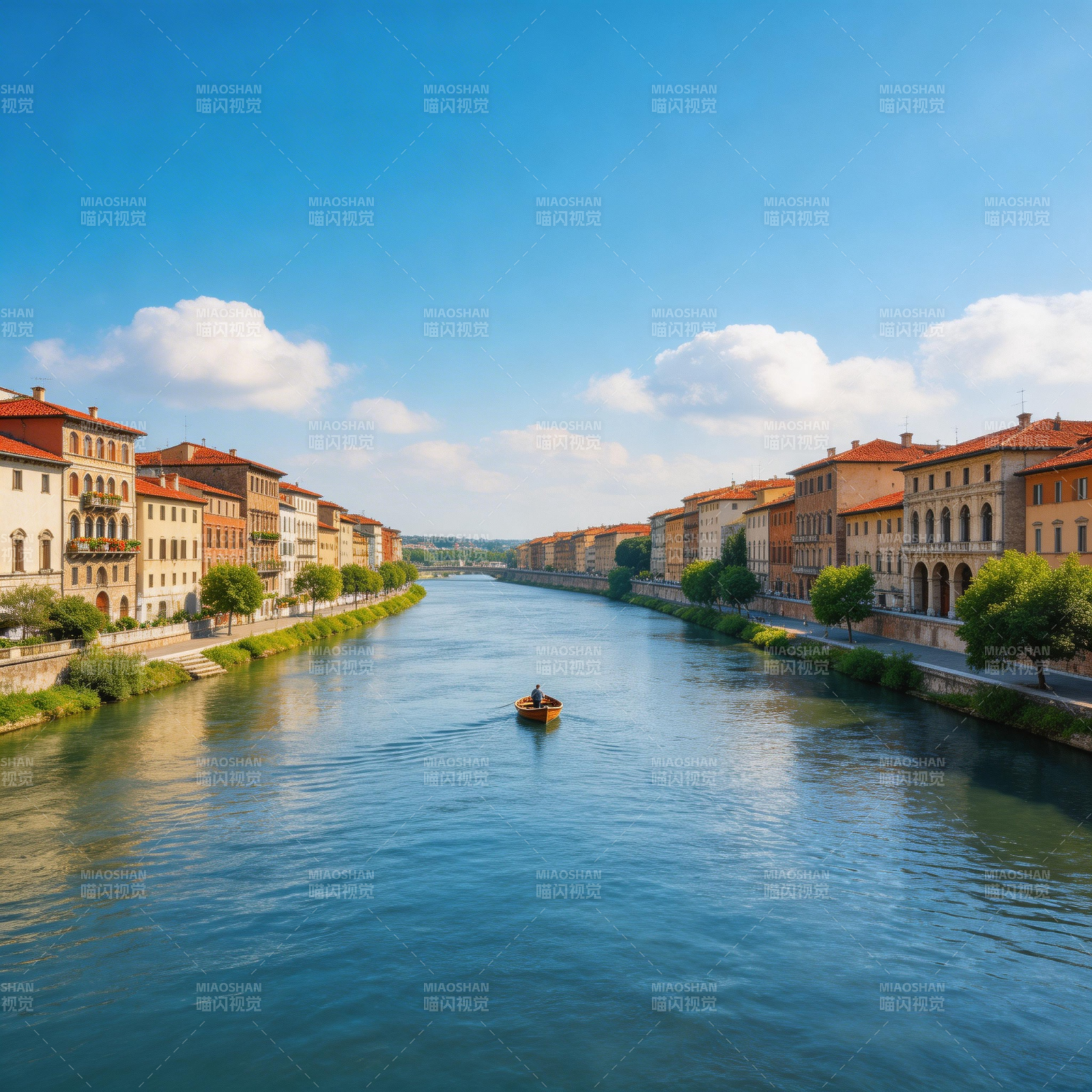 河上小舟 两岸古韵悠然图片