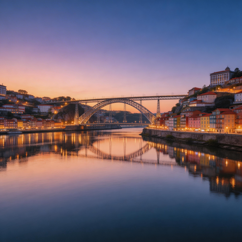 黄昏桥影映河城图片