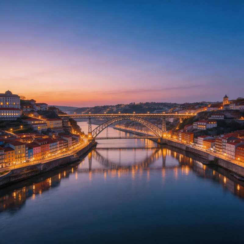 黄昏桥影 河畔灯火映水图片