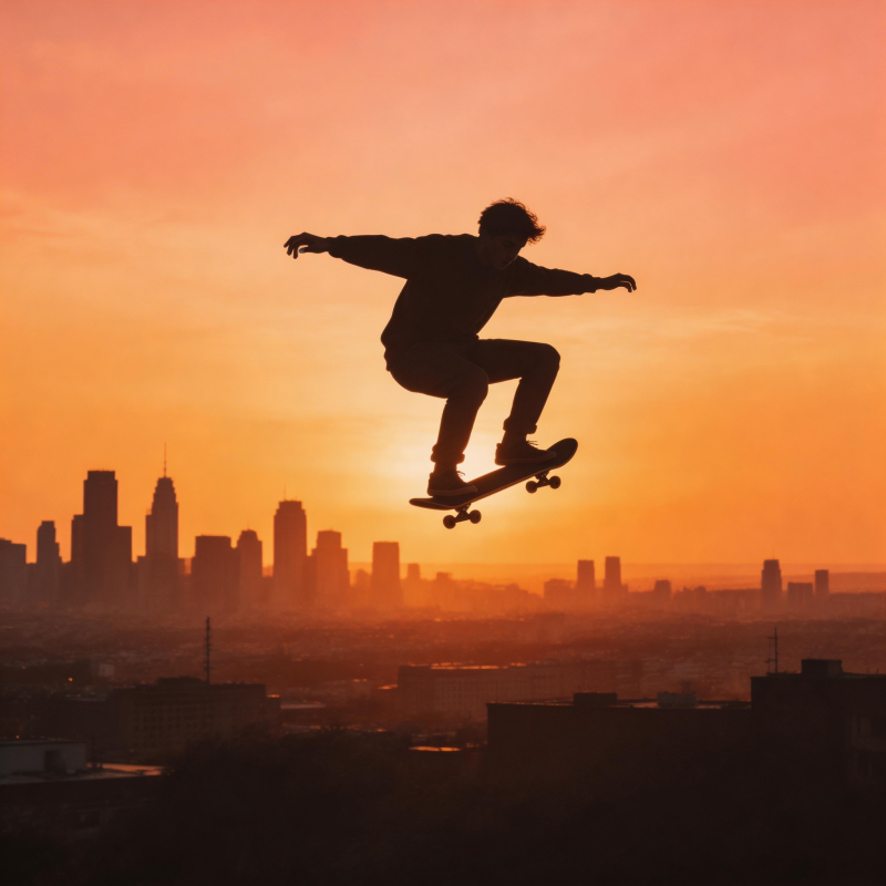 夕阳滑板少年跃城市上空图片