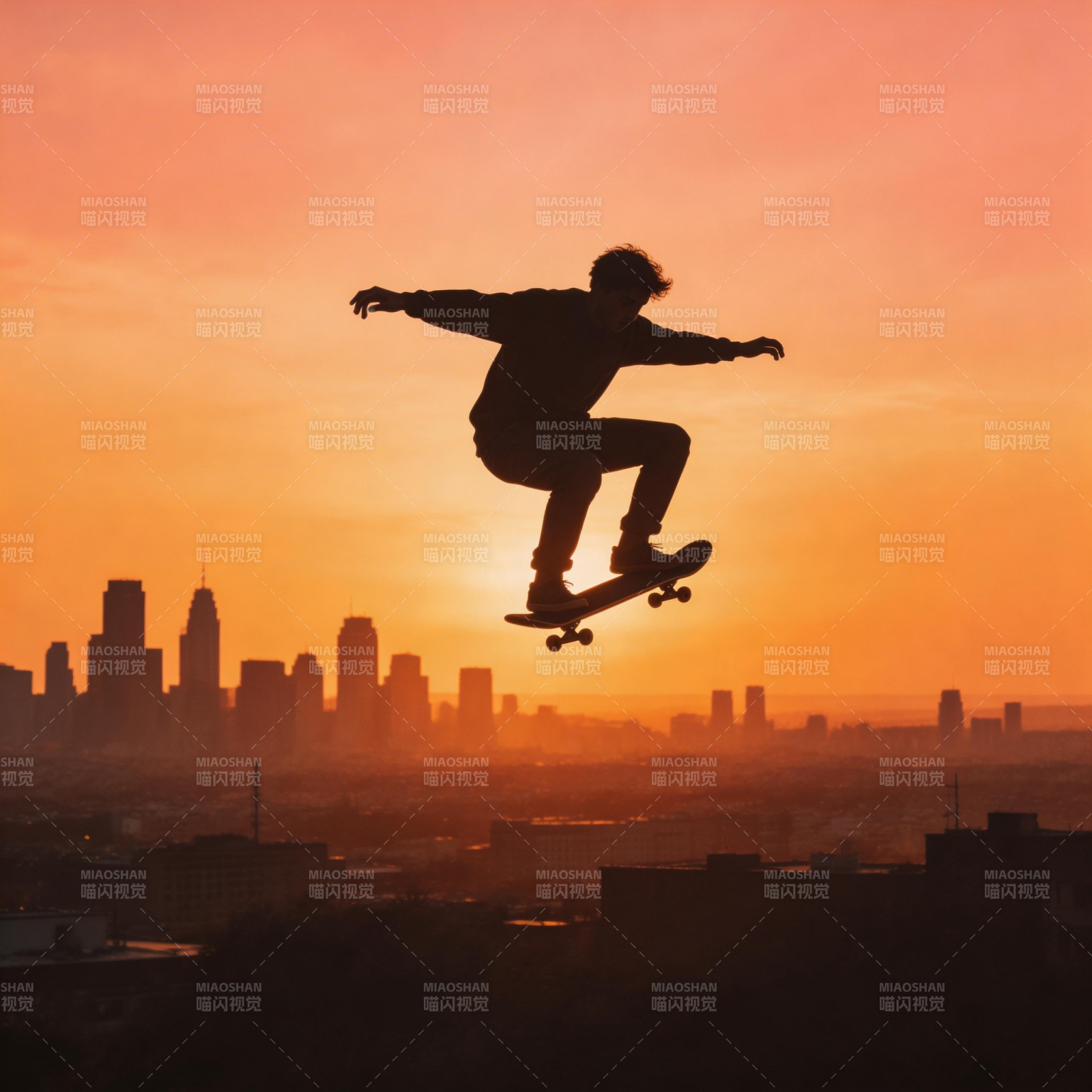夕阳滑板少年跃城市上空图片