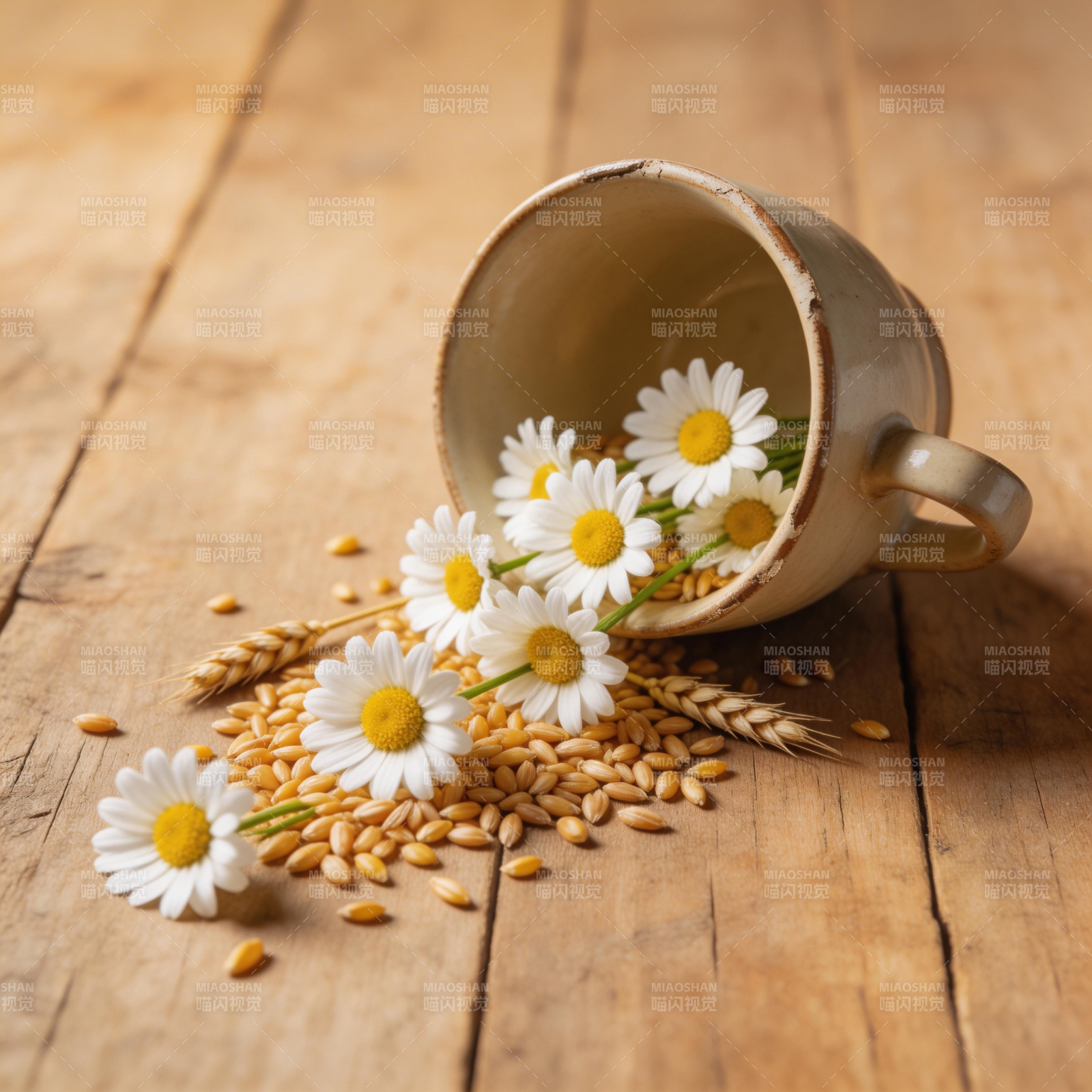 雏菊麦粒洒木桌图片